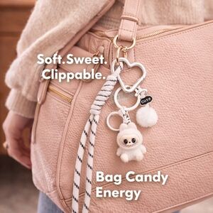 Labubu-Style Fuzzy White Bag Charm | Cute Kawaii Purse Keychain